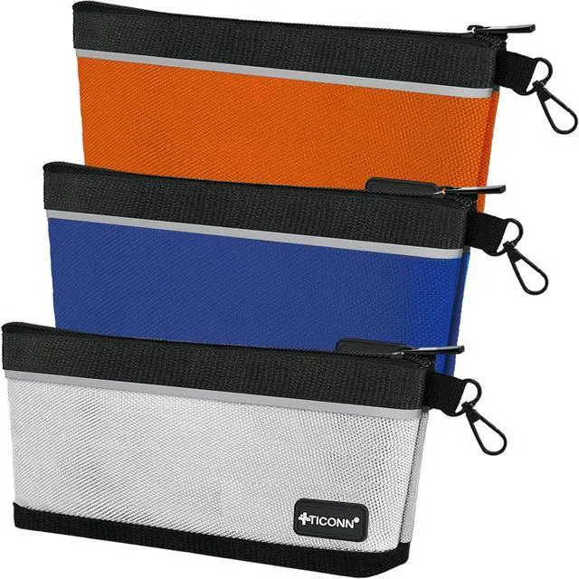 Main image of TICONN 3PK Tool Pouches with Zipper, Waterproof 1680D Oxford Small Tool Bag | Wear-Resistant Tool Pouch with Carabiner Clip, Durable Metal Zipper, Reflective Safety Strips, Multi-Purpose Storage