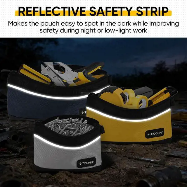 Alt view image 2 of 7 - TICONN 3PK Tool Pouches with Zipper, Waterproof 1680D Oxford Small Tool Bag | Wear-Resistant Tool Pouch with Carabiner Clip, Durable Metal Zipper, Reflective Safety Strips, Multi-Purpose Storage