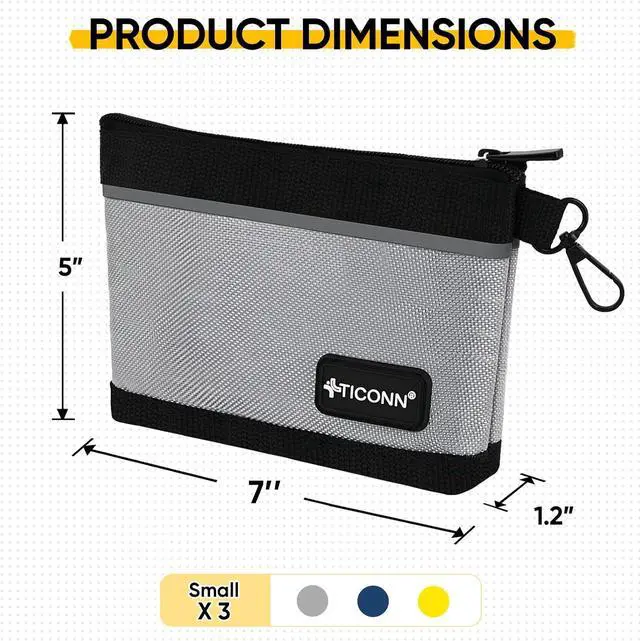 Alt view image 4 of 7 - TICONN 3PK Tool Pouches with Zipper, Waterproof 1680D Oxford Small Tool Bag | Wear-Resistant Tool Pouch with Carabiner Clip, Durable Metal Zipper, Reflective Safety Strips, Multi-Purpose Storage