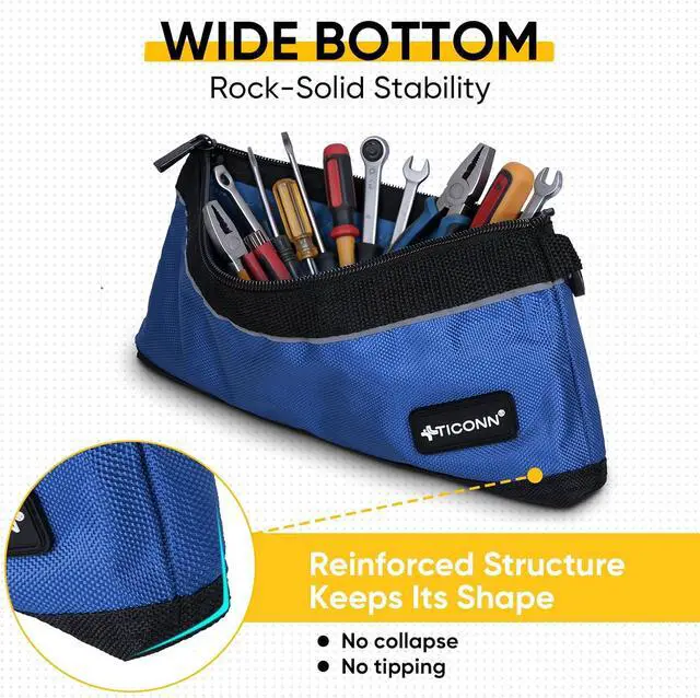 Alt view image 5 of 7 - TICONN 3PK Tool Pouches with Zipper, Waterproof 1680D Oxford Small Tool Bag | Wear-Resistant Tool Pouch with Carabiner Clip, Durable Metal Zipper, Reflective Safety Strips, Multi-Purpose Storage