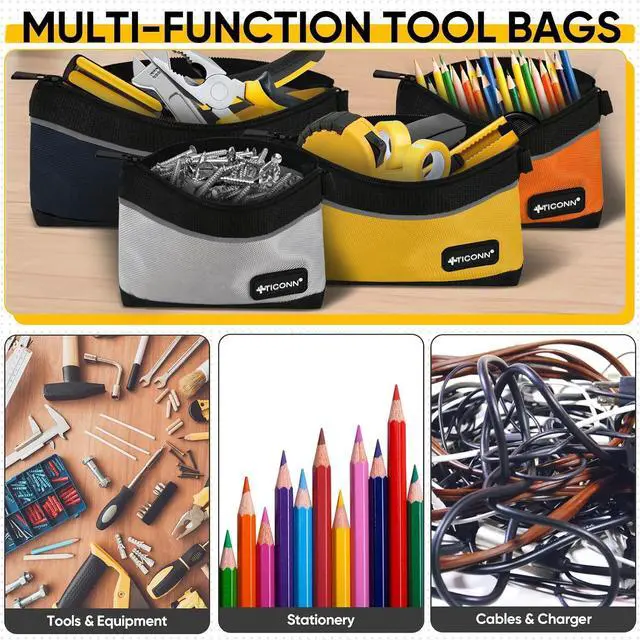 Alt view image 6 of 7 - TICONN 3PK Tool Pouches with Zipper, Waterproof 1680D Oxford Small Tool Bag | Wear-Resistant Tool Pouch with Carabiner Clip, Durable Metal Zipper, Reflective Safety Strips, Multi-Purpose Storage