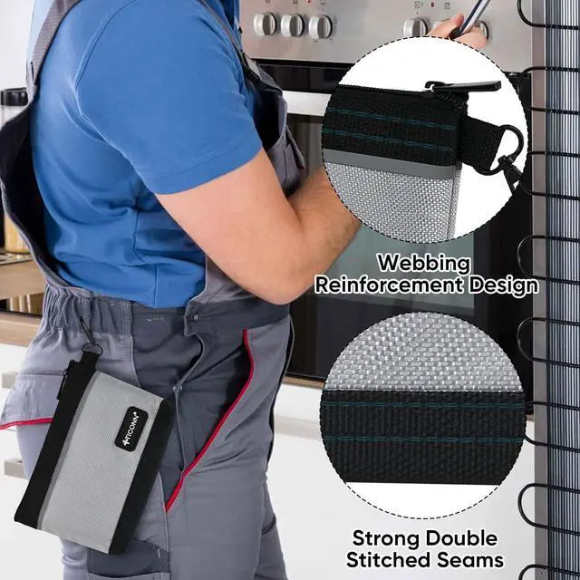 Alt view image 7 of 7 - TICONN 3PK Tool Pouches with Zipper, Waterproof 1680D Oxford Small Tool Bag | Wear-Resistant Tool Pouch with Carabiner Clip, Durable Metal Zipper, Reflective Safety Strips, Multi-Purpose Storage