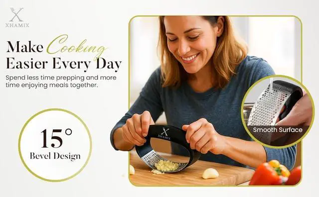 Alt view image 3 of 7 - XHAMIX® Stainless Steel Garlic Press Rocker Effortless Garlic Crusher & Mincer with Ergonomic Grip | Rust-Proof, Dishwasher Safe Garlic Tool for Home & Kitchen