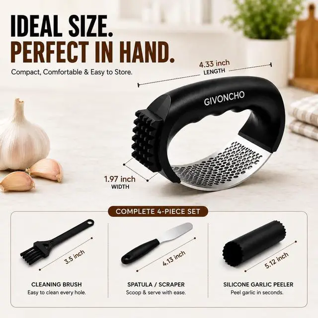 Alt view image 2 of 7 - Garlic Press Rocker Set, Stainless Steel Garlic Crusher & Mincer with Silicone Peeler, Cleaning Brush & Scraper, Easy-to-Use Garlic Mincing Kitchen Tool