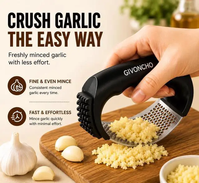 Alt view image 3 of 7 - Garlic Press Rocker Set, Stainless Steel Garlic Crusher & Mincer with Silicone Peeler, Cleaning Brush & Scraper, Easy-to-Use Garlic Mincing Kitchen Tool