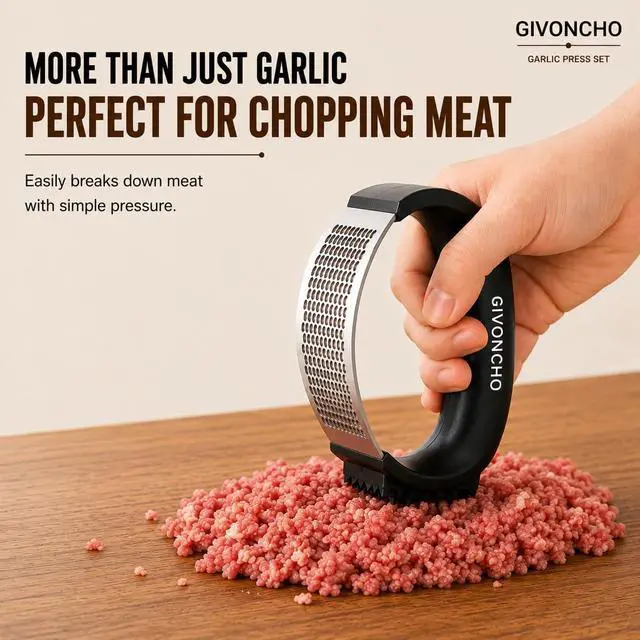 Alt view image 5 of 7 - Garlic Press Rocker Set, Stainless Steel Garlic Crusher & Mincer with Silicone Peeler, Cleaning Brush & Scraper, Easy-to-Use Garlic Mincing Kitchen Tool