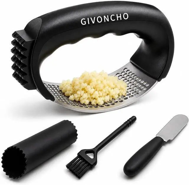 Main image of Garlic Press Rocker Set, Stainless Steel Garlic Crusher & Mincer with Silicone Peeler, Cleaning Brush & Scraper, Easy-to-Use Garlic Mincing Kitchen Tool