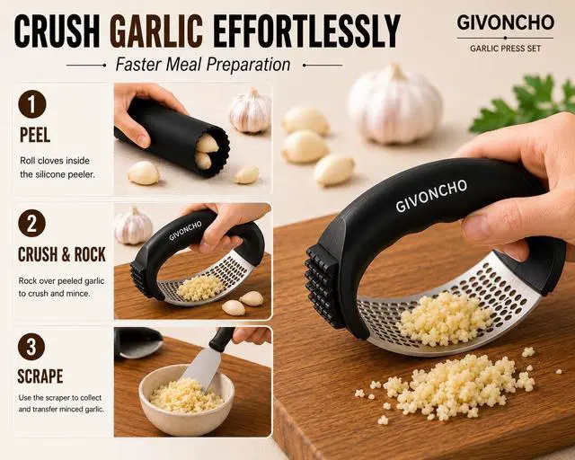 Alt view image 4 of 7 - Garlic Press Rocker Set, Stainless Steel Garlic Crusher & Mincer with Silicone Peeler, Cleaning Brush & Scraper, Easy-to-Use Garlic Mincing Kitchen Tool