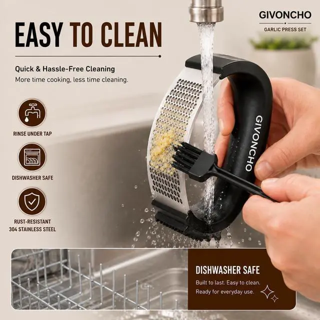 Alt view image 6 of 7 - Garlic Press Rocker Set, Stainless Steel Garlic Crusher & Mincer with Silicone Peeler, Cleaning Brush & Scraper, Easy-to-Use Garlic Mincing Kitchen Tool