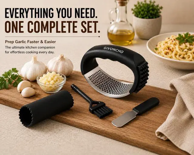 Alt view image 7 of 7 - Garlic Press Rocker Set, Stainless Steel Garlic Crusher & Mincer with Silicone Peeler, Cleaning Brush & Scraper, Easy-to-Use Garlic Mincing Kitchen Tool