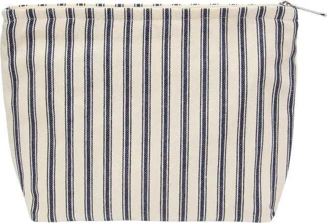 Main image of Flat Makeup Bag for Women,Zipper Cosmetic Pouch,Vintage Stripe Navy Blue | Canvas-Lined Makeup Organizer for Purse, Cosmetics, Toiletries, Skincare, Travel Essentials, Brushes, Lipstick and Sunscreen