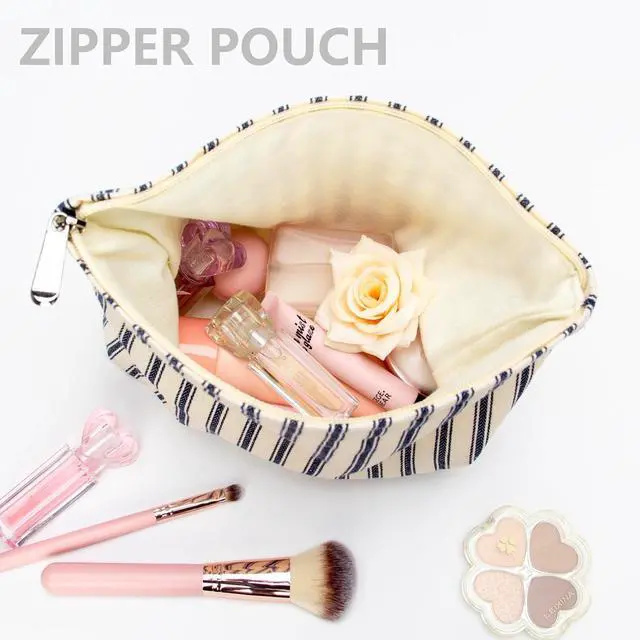 Alt view image 2 of 7 - Flat Makeup Bag for Women,Zipper Cosmetic Pouch,Vintage Stripe Navy Blue | Canvas-Lined Makeup Organizer for Purse, Cosmetics, Toiletries, Skincare, Travel Essentials, Brushes, Lipstick and Sunscreen