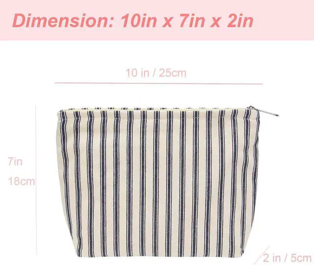 Alt view image 3 of 7 - Flat Makeup Bag for Women,Zipper Cosmetic Pouch,Vintage Stripe Navy Blue | Canvas-Lined Makeup Organizer for Purse, Cosmetics, Toiletries, Skincare, Travel Essentials, Brushes, Lipstick and Sunscreen
