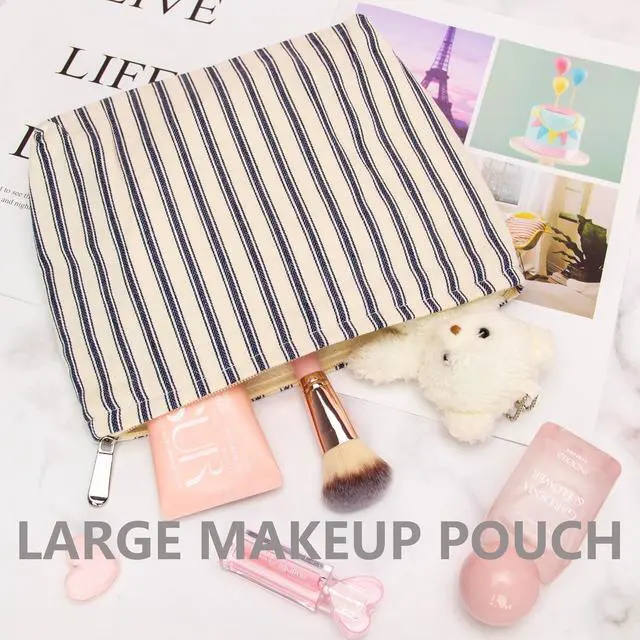Alt view image 5 of 7 - Flat Makeup Bag for Women,Zipper Cosmetic Pouch,Vintage Stripe Navy Blue | Canvas-Lined Makeup Organizer for Purse, Cosmetics, Toiletries, Skincare, Travel Essentials, Brushes, Lipstick and Sunscreen