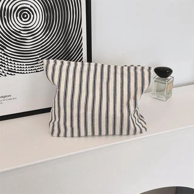 Alt view image 4 of 7 - Flat Makeup Bag for Women,Zipper Cosmetic Pouch,Vintage Stripe Navy Blue | Canvas-Lined Makeup Organizer for Purse, Cosmetics, Toiletries, Skincare, Travel Essentials, Brushes, Lipstick and Sunscreen