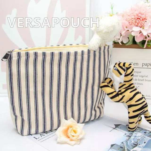 Alt view image 6 of 7 - Flat Makeup Bag for Women,Zipper Cosmetic Pouch,Vintage Stripe Navy Blue | Canvas-Lined Makeup Organizer for Purse, Cosmetics, Toiletries, Skincare, Travel Essentials, Brushes, Lipstick and Sunscreen