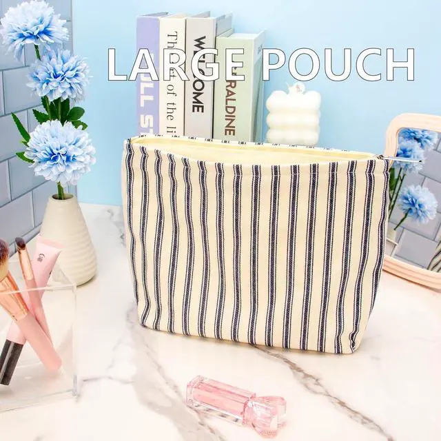 Alt view image 7 of 7 - Flat Makeup Bag for Women,Zipper Cosmetic Pouch,Vintage Stripe Navy Blue | Canvas-Lined Makeup Organizer for Purse, Cosmetics, Toiletries, Skincare, Travel Essentials, Brushes, Lipstick and Sunscreen