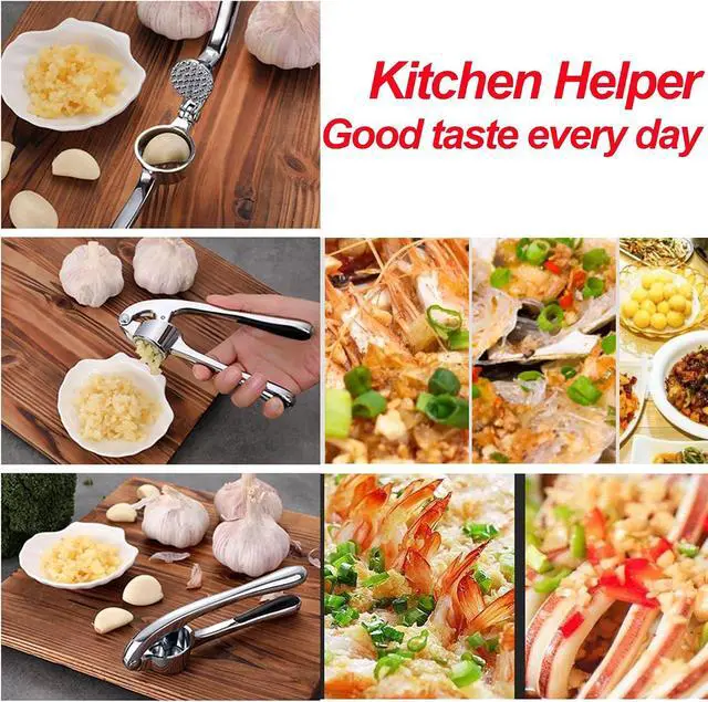 Alt view image 6 of 7 - Garlic Press Set - Premium Kitchen Tool with Rust Proof & Dishwasher Safe Design, Easy-Squeeze Ergonomic Handle Garlic Mincer, Silicone Peeler & Brush, Chrome