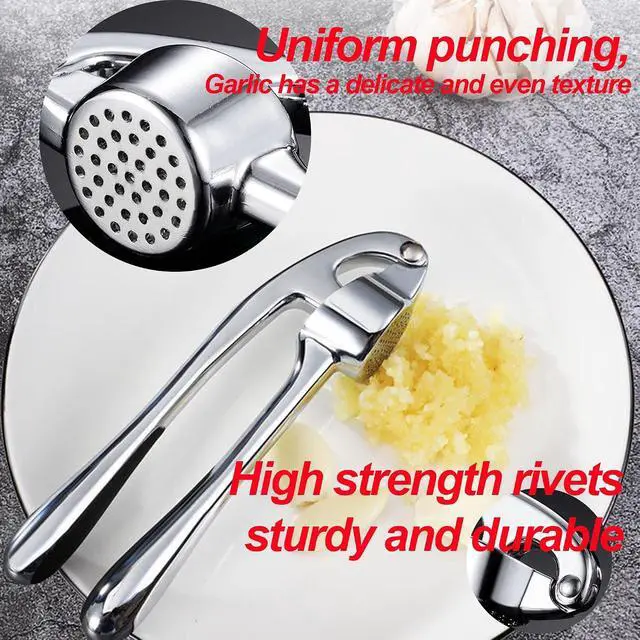 Alt view image 7 of 7 - Garlic Press Set - Premium Kitchen Tool with Rust Proof & Dishwasher Safe Design, Easy-Squeeze Ergonomic Handle Garlic Mincer, Silicone Peeler & Brush, Chrome