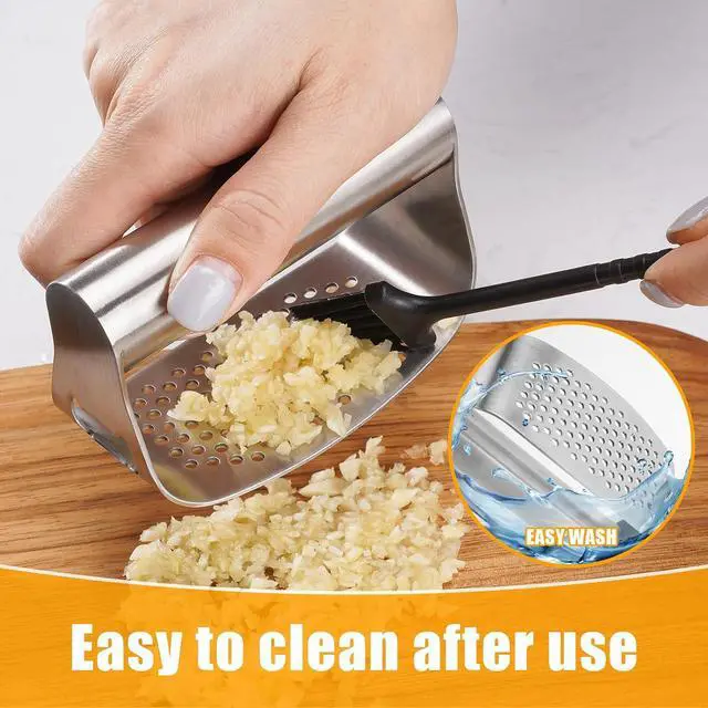 Alt view image 7 of 7 - Stainless Steel Garlic Press,Heavy Duty Manual Crusher | Food Grade Rustproof,Easy Squeeze Max Mincing,Dishwasher Safe,for Home Cooking Camping (Garlic Peeling Set Cleaning Brush)