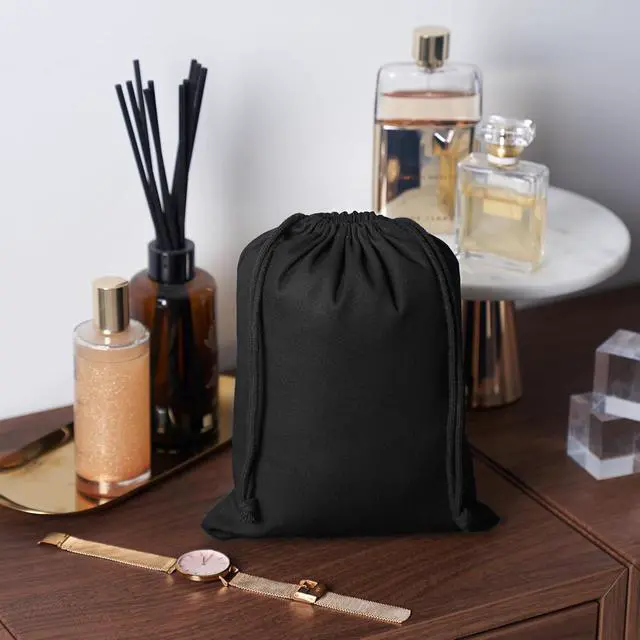Alt view image 5 of 6 - Heavy Duty Cotton Drawstring Bags 4-Pack - 270 GSM Thick Cloth Pouches for Gifts, Travel, Dice, Jewelry, Laundry - Double Drawstring (Rustic Black, 6 x 8 Inches)