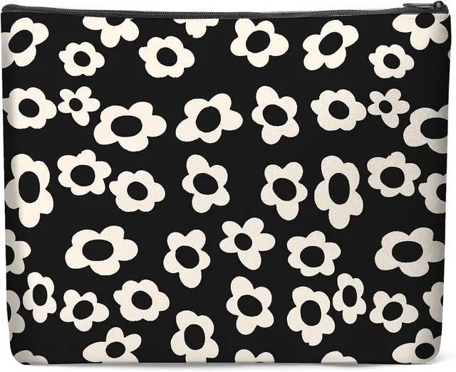 Main image of Canvas Makeup Bag, Cosmetic Bag, Large Capacity Travel Pouch, Zipper Closure with Lining, Portable Organizer for Women Girls,Black and White Flower 1