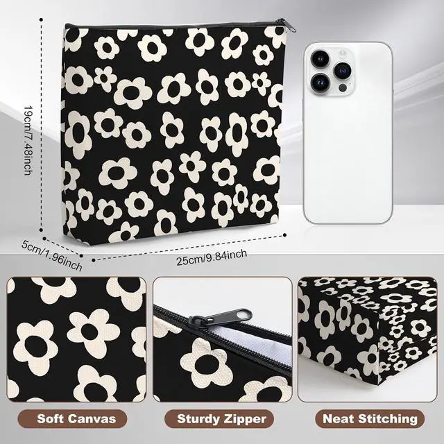 Alt view image 2 of 7 - Canvas Makeup Bag, Cosmetic Bag, Large Capacity Travel Pouch, Zipper Closure with Lining, Portable Organizer for Women Girls,Black and White Flower 1