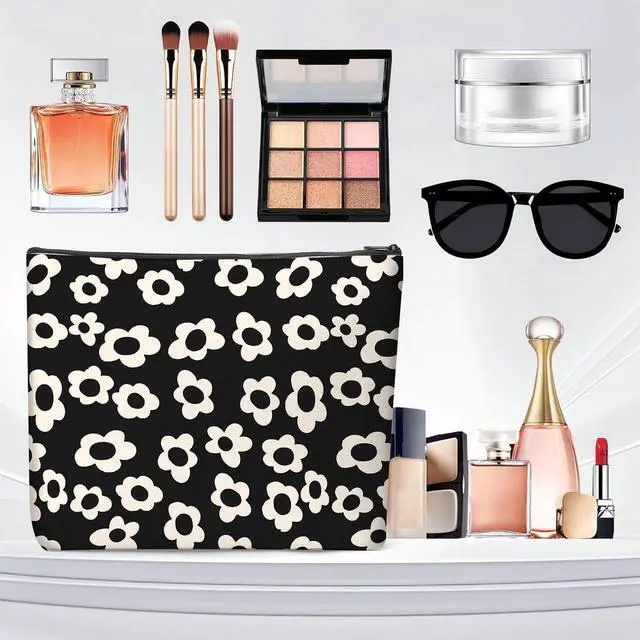 Alt view image 3 of 7 - Canvas Makeup Bag, Cosmetic Bag, Large Capacity Travel Pouch, Zipper Closure with Lining, Portable Organizer for Women Girls,Black and White Flower 1