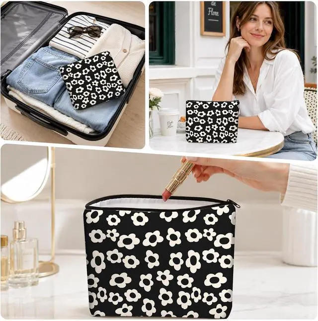 Alt view image 4 of 7 - Canvas Makeup Bag, Cosmetic Bag, Large Capacity Travel Pouch, Zipper Closure with Lining, Portable Organizer for Women Girls,Black and White Flower 1