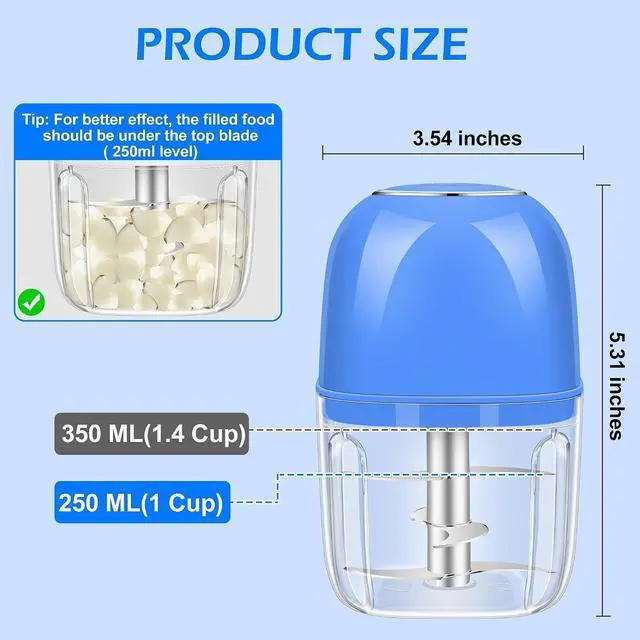 Alt view image 3 of 7 - Electric Garlic Chopper, 350ML (1.4 Cup) Blue Mini Food Processor | Mini Chopper, Small Garlic Grinder Mincer for Onion, Ginger, Chili, Fruit, Meat