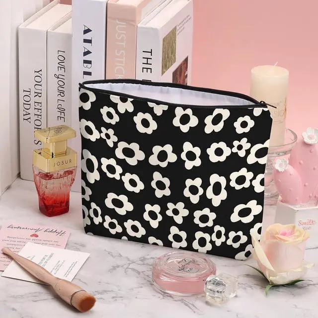 Alt view image 7 of 7 - Canvas Makeup Bag, Cosmetic Bag, Large Capacity Travel Pouch, Zipper Closure with Lining, Portable Organizer for Women Girls,Black and White Flower 1