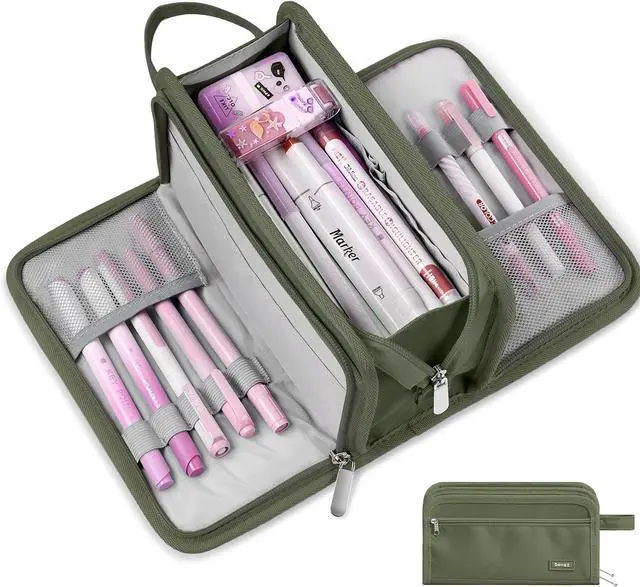Main image of Sooez Large Pencil Case, Pencil Pouch, Pencil Bag, Pencil Box, Army Green | Ample Storage, Durable Canvas, Smooth Zippers, Portable Handle, Cute Stationery Organizer, Makeup Bag, School Supplies, Boys