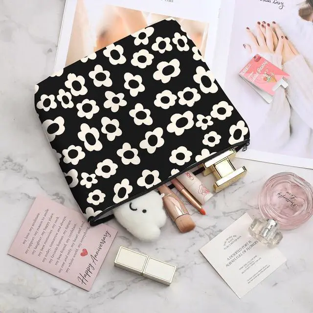 Alt view image 6 of 7 - Canvas Makeup Bag, Cosmetic Bag, Large Capacity Travel Pouch, Zipper Closure with Lining, Portable Organizer for Women Girls,Black and White Flower 1
