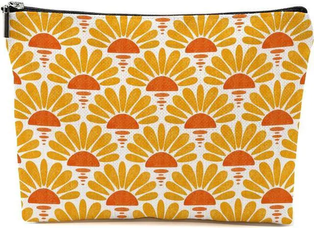 Main image of Blue Leaves Boho Makeup Bag Gifts for Women Retro Sunburst Cosmetic Bag | Gift for Boho Lovers, Bohemia Makeup Pouch Zipper Pouch, Travel Skincare Storage Pouches, Mid Century Modern Makeup Bags