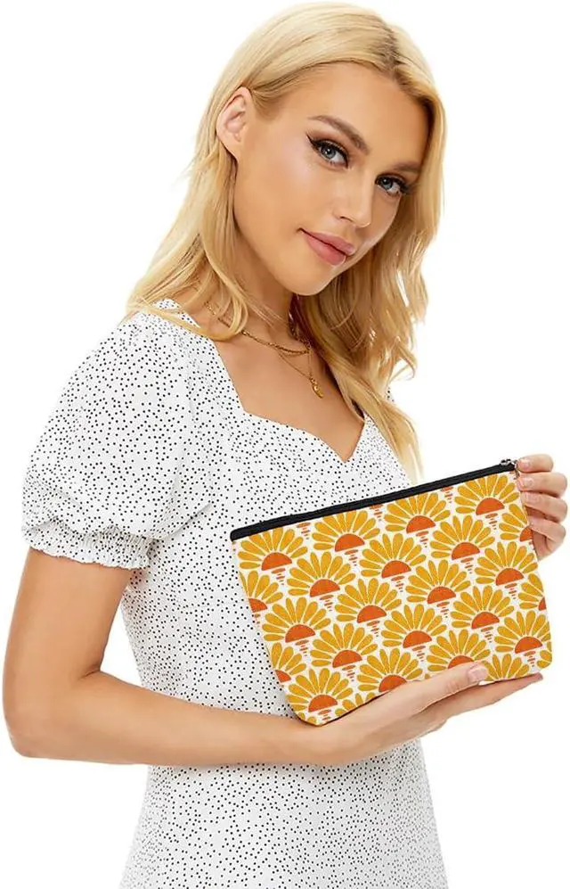 Alt view image 2 of 7 - Blue Leaves Boho Makeup Bag Gifts for Women Retro Sunburst Cosmetic Bag | Gift for Boho Lovers, Bohemia Makeup Pouch Zipper Pouch, Travel Skincare Storage Pouches, Mid Century Modern Makeup Bags