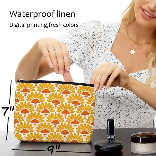 Alt view image 5 of 7 - Blue Leaves Boho Makeup Bag Gifts for Women Retro Sunburst Cosmetic Bag | Gift for Boho Lovers, Bohemia Makeup Pouch Zipper Pouch, Travel Skincare Storage Pouches, Mid Century Modern Makeup Bags