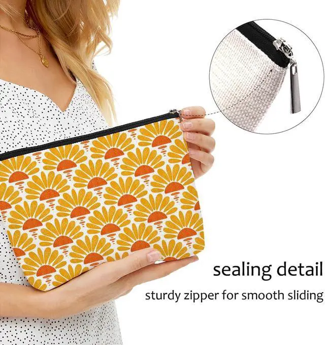 Alt view image 6 of 7 - Blue Leaves Boho Makeup Bag Gifts for Women Retro Sunburst Cosmetic Bag | Gift for Boho Lovers, Bohemia Makeup Pouch Zipper Pouch, Travel Skincare Storage Pouches, Mid Century Modern Makeup Bags