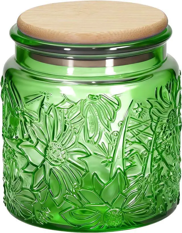 Main image of 1Pc 17oz Gardenly Style Vintage Glass Candy Jar with Airtight Bamboo Lid, Kitchen Storage Canister for Sugar, Coffee, Tea, Cookies, Bath Salt - Decorative Mason Jar (1, Green, 17oz)