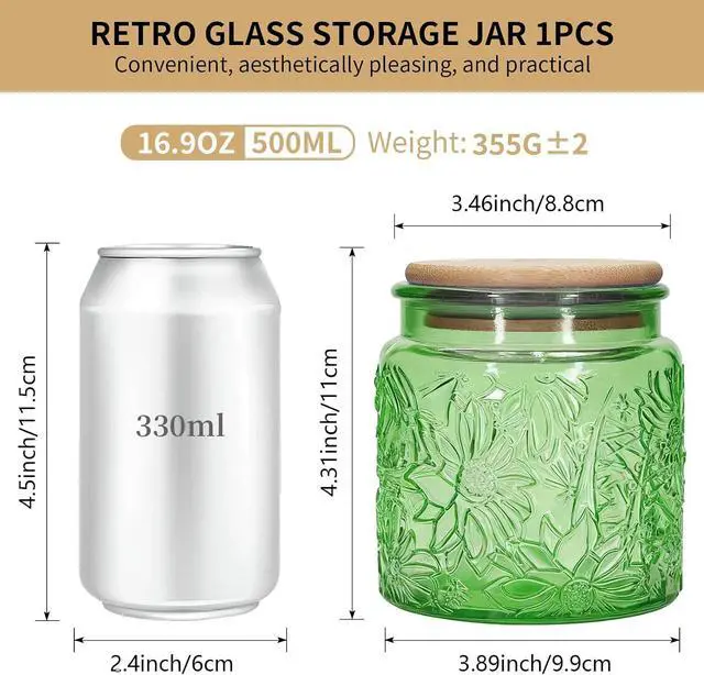 Alt view image 2 of 6 - 1Pc 17oz Gardenly Style Vintage Glass Candy Jar with Airtight Bamboo Lid, Kitchen Storage Canister for Sugar, Coffee, Tea, Cookies, Bath Salt - Decorative Mason Jar (1, Green, 17oz)