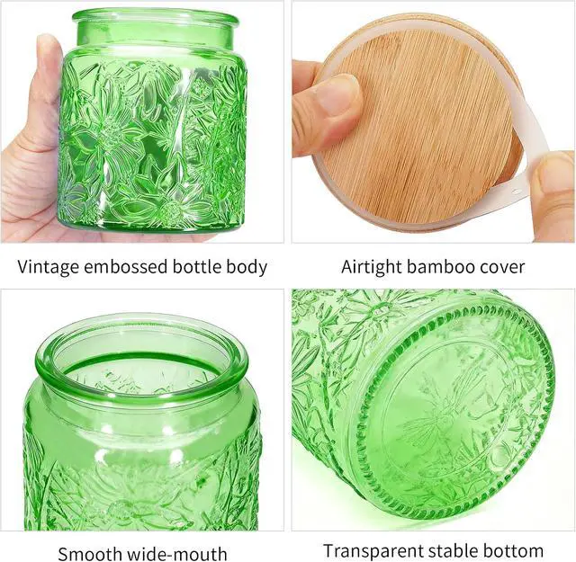 Alt view image 3 of 6 - 1Pc 17oz Gardenly Style Vintage Glass Candy Jar with Airtight Bamboo Lid, Kitchen Storage Canister for Sugar, Coffee, Tea, Cookies, Bath Salt - Decorative Mason Jar (1, Green, 17oz)