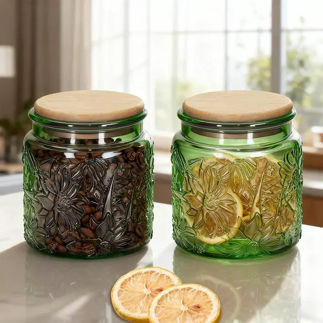 Alt view image 4 of 6 - 1Pc 17oz Gardenly Style Vintage Glass Candy Jar with Airtight Bamboo Lid, Kitchen Storage Canister for Sugar, Coffee, Tea, Cookies, Bath Salt - Decorative Mason Jar (1, Green, 17oz)