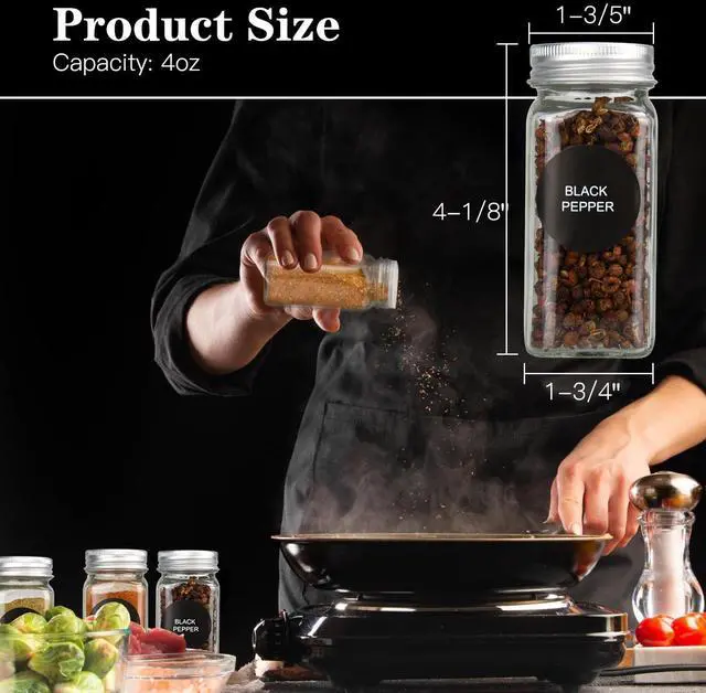Alt view image 2 of 7 - DkOvn 6pcs Glass Spice Jars, 4oz Empty Spice Jars | with Metal Caps, Labels, Shaker Lids, Collapsible Funnel, Chalk Pen, Seasoning Organizer for Spice Rack