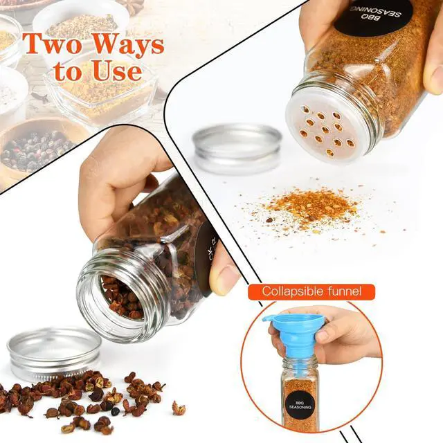 Alt view image 3 of 7 - DkOvn 6pcs Glass Spice Jars, 4oz Empty Spice Jars | with Metal Caps, Labels, Shaker Lids, Collapsible Funnel, Chalk Pen, Seasoning Organizer for Spice Rack
