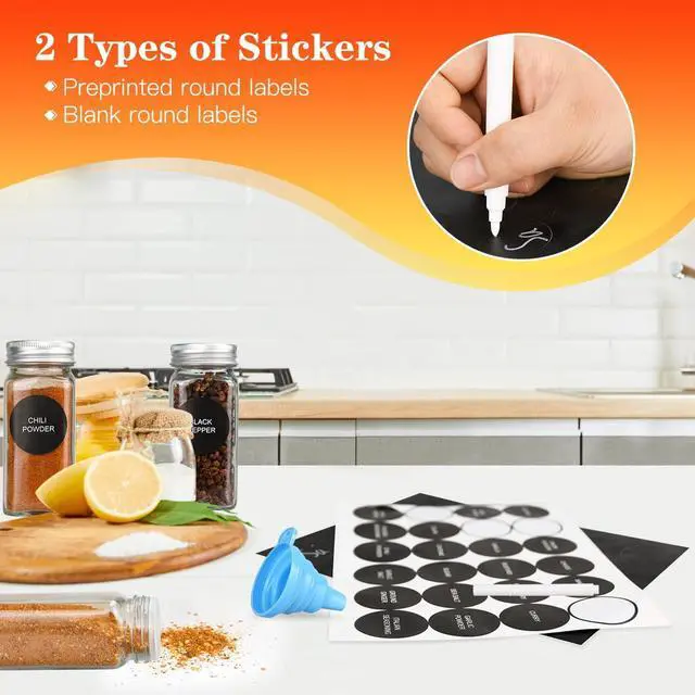 Alt view image 4 of 7 - DkOvn 6pcs Glass Spice Jars, 4oz Empty Spice Jars | with Metal Caps, Labels, Shaker Lids, Collapsible Funnel, Chalk Pen, Seasoning Organizer for Spice Rack