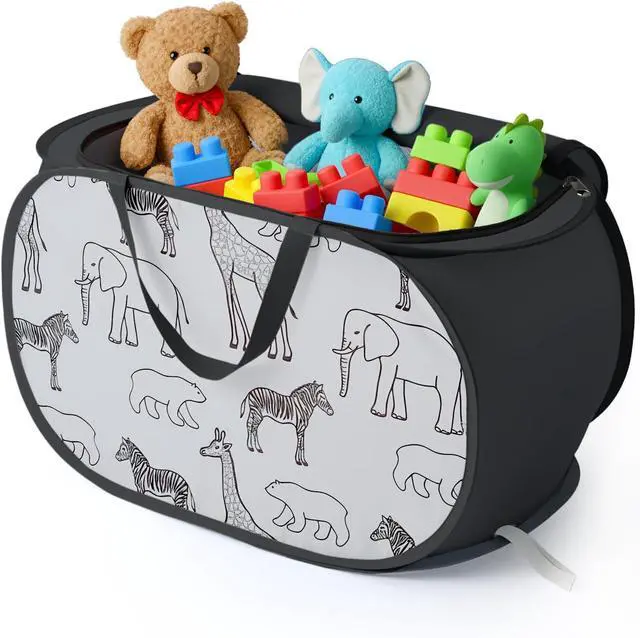 Main image of Stuffed Animal Storage Basket with Zipper Lid -Collapsible Toy Basket Black | Animal Print Toy Basket Bin, Foldable, Lightweight, Sturdy Fabric, Easy-Carry Handles, for Kids Room, Nursery, Playroom