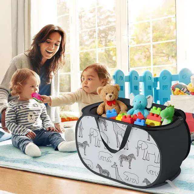Alt view image 2 of 7 - Stuffed Animal Storage Basket with Zipper Lid -Collapsible Toy Basket Black | Animal Print Toy Basket Bin, Foldable, Lightweight, Sturdy Fabric, Easy-Carry Handles, for Kids Room, Nursery, Playroom