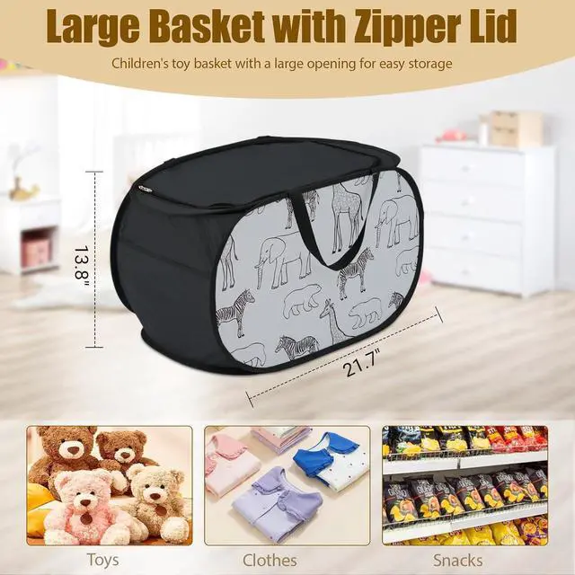 Alt view image 3 of 7 - Stuffed Animal Storage Basket with Zipper Lid -Collapsible Toy Basket Black | Animal Print Toy Basket Bin, Foldable, Lightweight, Sturdy Fabric, Easy-Carry Handles, for Kids Room, Nursery, Playroom