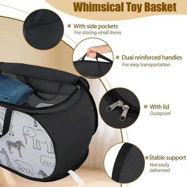 Alt view image 4 of 7 - Stuffed Animal Storage Basket with Zipper Lid -Collapsible Toy Basket Black | Animal Print Toy Basket Bin, Foldable, Lightweight, Sturdy Fabric, Easy-Carry Handles, for Kids Room, Nursery, Playroom