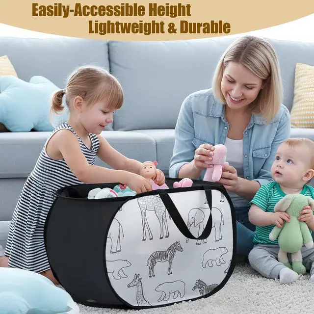 Alt view image 6 of 7 - Stuffed Animal Storage Basket with Zipper Lid -Collapsible Toy Basket Black | Animal Print Toy Basket Bin, Foldable, Lightweight, Sturdy Fabric, Easy-Carry Handles, for Kids Room, Nursery, Playroom