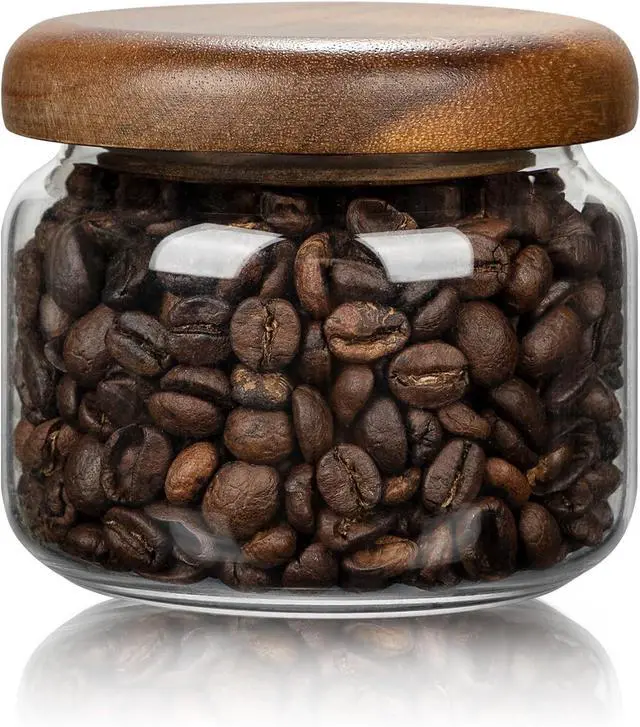 Main image of 1 PC Small Glass Storage Jars with Airtight Lids, 10 fl oz (300ml) coffee container with Wooden Lid, Glass Pantry Canister for Beans, Rice, Sugar and etc